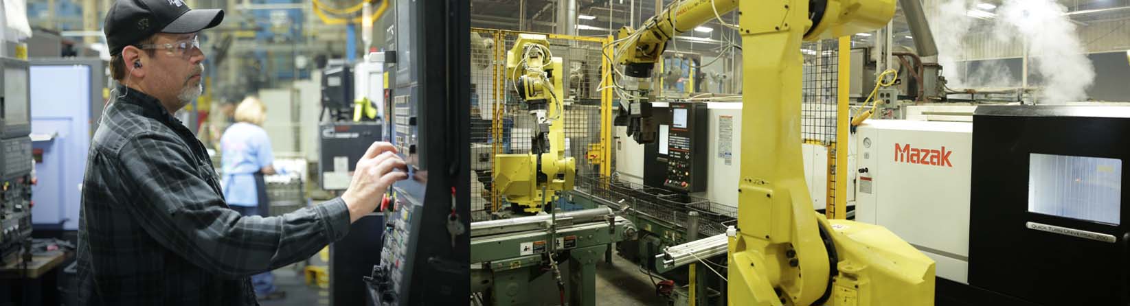 Machine operator od left. Robotic arm on right